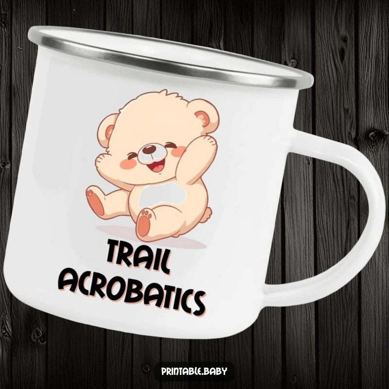 Funny bear cub camping mug, fluffy animal tumbling, durable and humorous mug for outdoor enthusiasts.