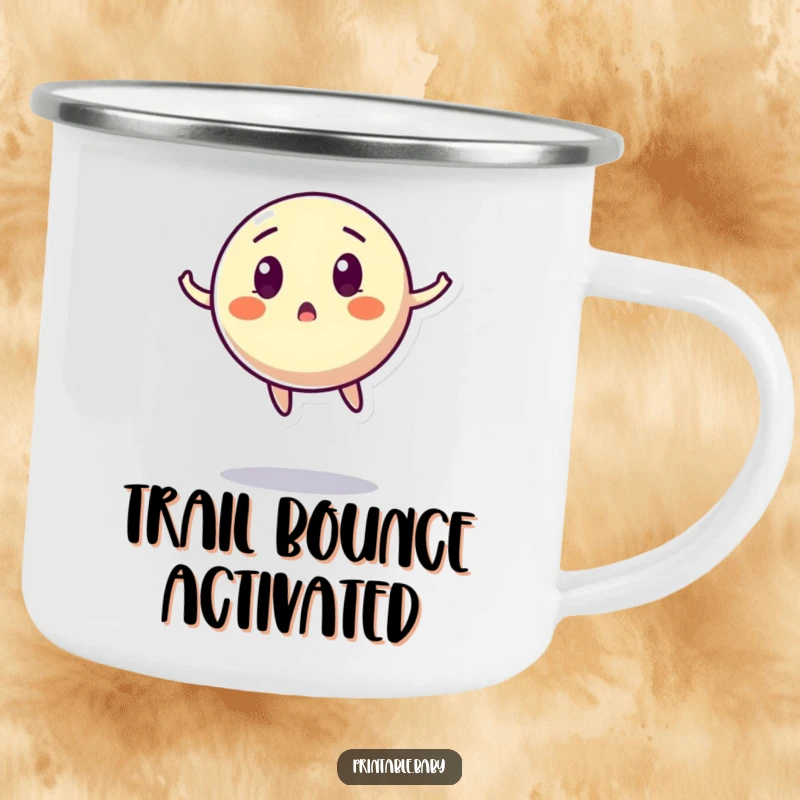 Funny Bouncing Ball Camping Mug: A robust camping mug printed with a surprised, mid-air bouncing ball character, for outdoor use.