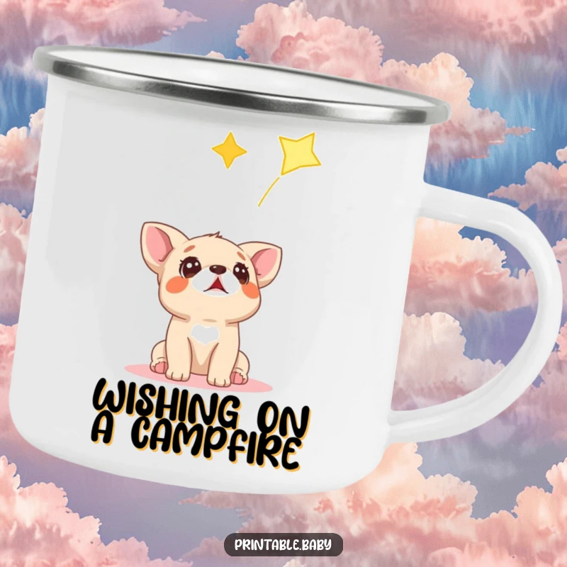 Funny enamel camping mug featuring a surprised dog cub looking up at a bright falling star during an outdoor adventure.