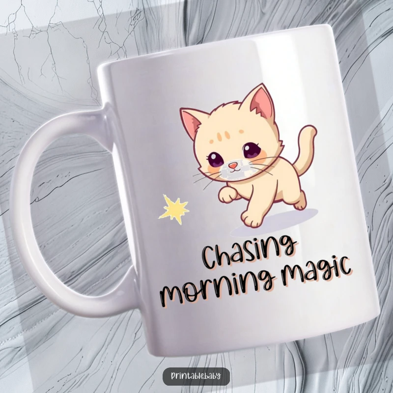 Funny mug showing a curious kitten playfully chasing a bright, sparkly comet tail across a starry sky.
