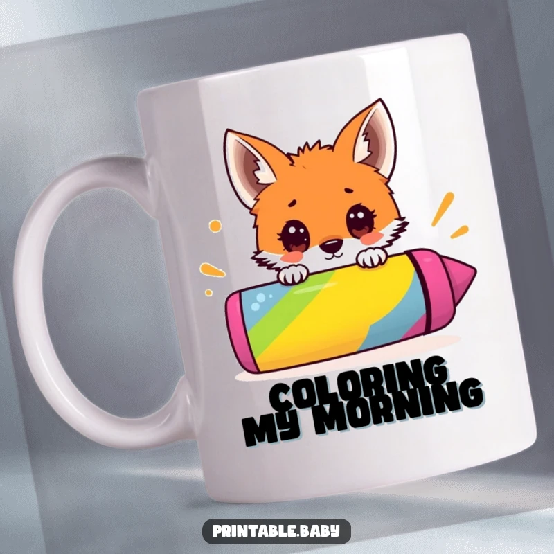 Funny mug featuring a surprised fox cub curiously peeking over the top of a giant, colorful crayon, showcasing artistic wonder.