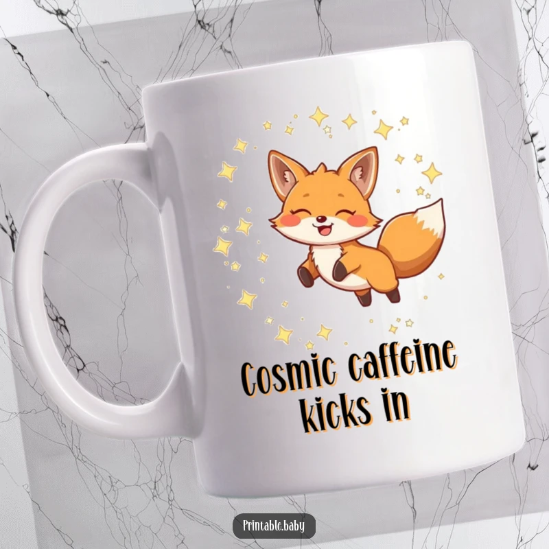Funny Mug featuring a smiling fox leaping joyfully through twinkling constellations, embodying celestial wonder and playful energy.