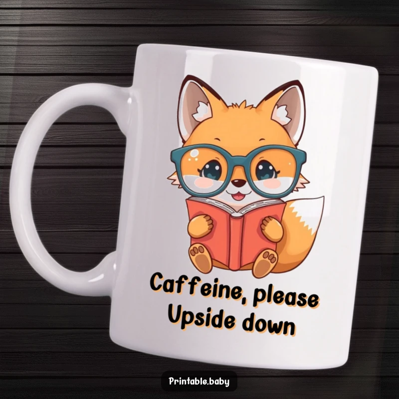 Funny baby fox wearing oversized glasses, reading a book upside down on a coffee mug, a humorous gift.