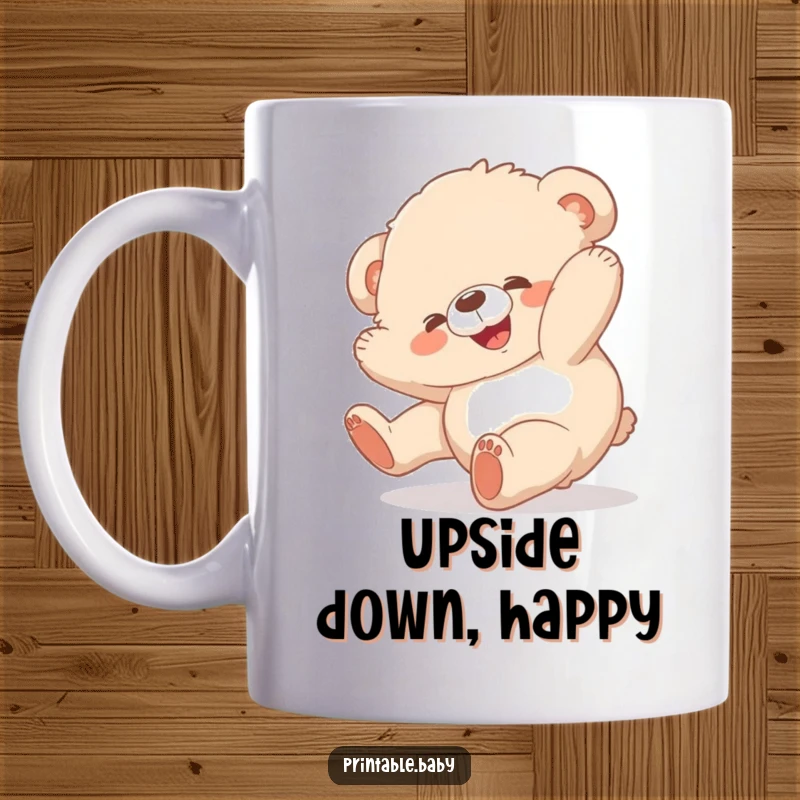 Funny fluffy bear cub mug, joyfully tumbling head over heels, cute and humorous gift for all ages.