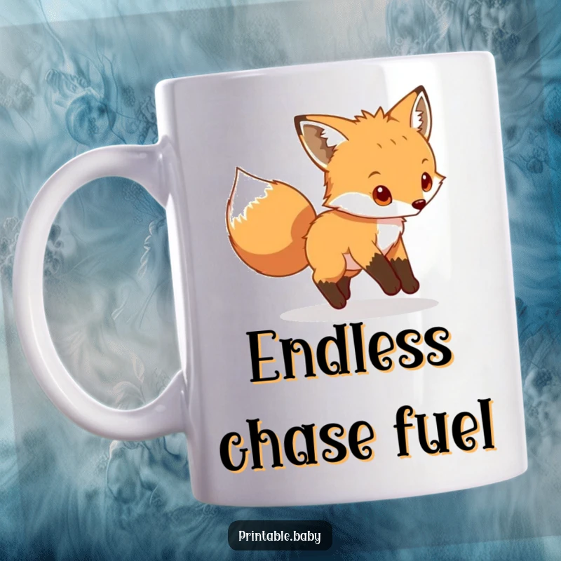 Funny fox cub mug, playing and chasing its own bushy tail, cute and humorous design for animal enthusiasts.