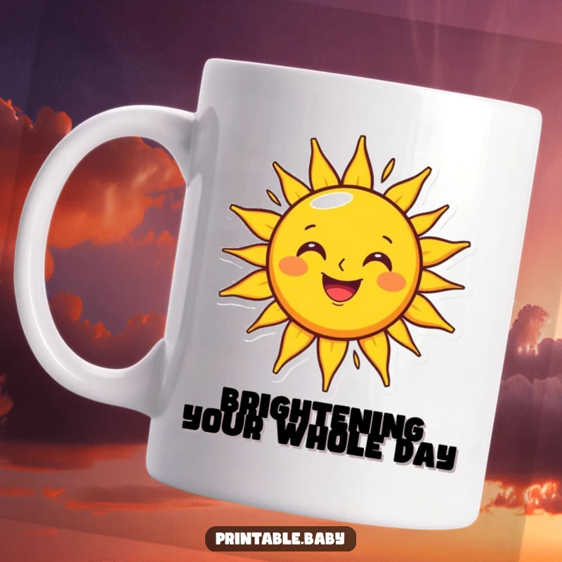 Funny grinning sun mug with a happy character beaming brightly on a cheerful outline, perfect for morning coffee.