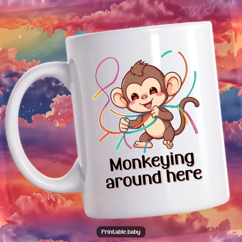 Funny monkey mug featuring a playful monkey happily tangled in colorful streamers, embodying pure joy and chaos.