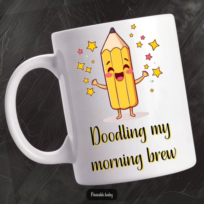 Funny Pencil Mug: A giddy pencil character excitedly scribbling a flurry of colorful stars, celebrating creativity and imagination.