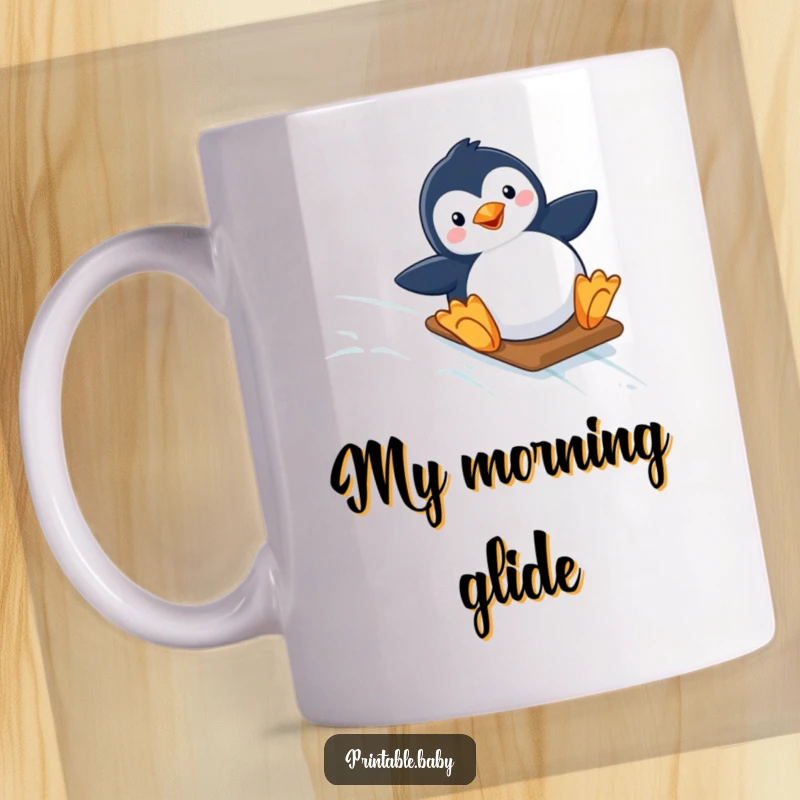 Funny mug featuring a happy penguin joyfully sliding down a starry, icy slope, evoking winter fun and playful adventure.