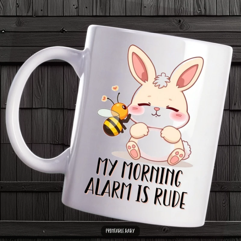 Funny mug showcasing a startled sleepy bunny leaping from its bed as a buzzing bee flies near its nose.