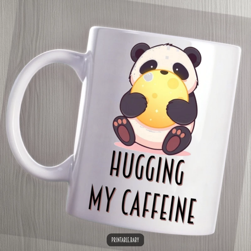 Funny mug featuring a sweet panda bear embracing a glowing, round planet, symbolizing love for Earth and gentle care.