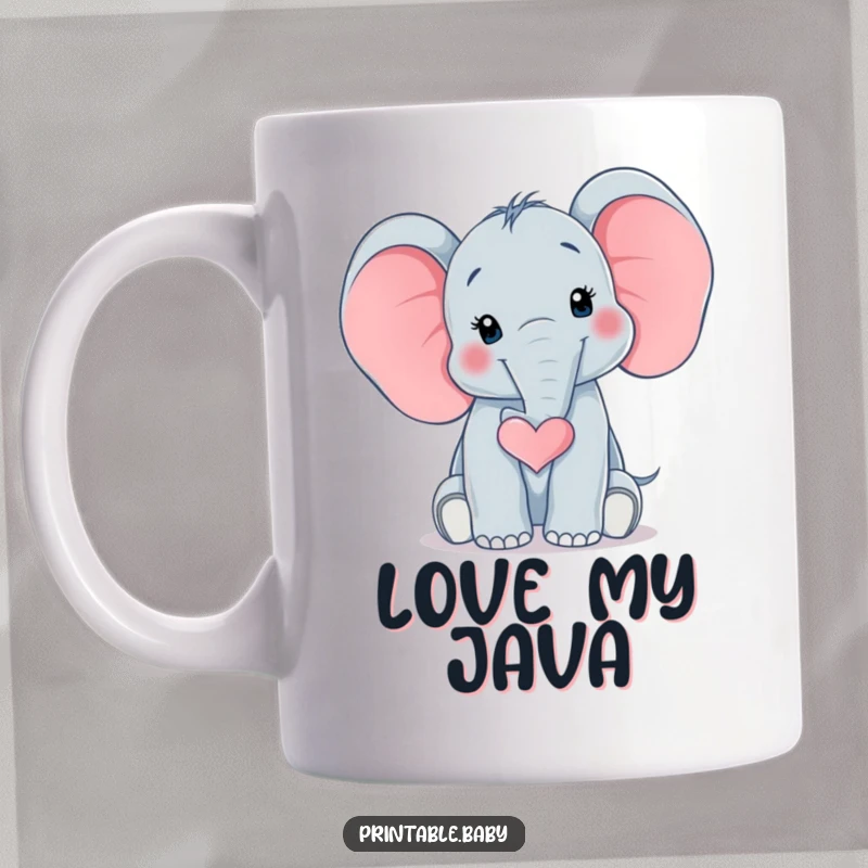 Funny Elephant Heart Mug featuring a surprised baby elephant with its trunk curled elegantly into a perfect heart shape, symbolizing love and cuteness.