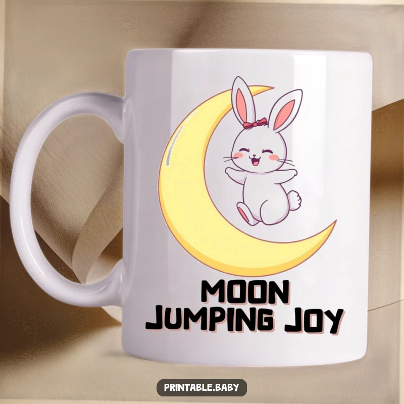 Funny mug depicting a giggling bunny joyfully hopping on a large, luminous crescent moon in a starry sky.