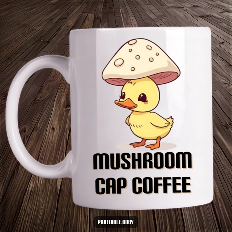 Funny duckling mug, comically attempting to balance a large mushroom on its head, creating a whimsical scene.
