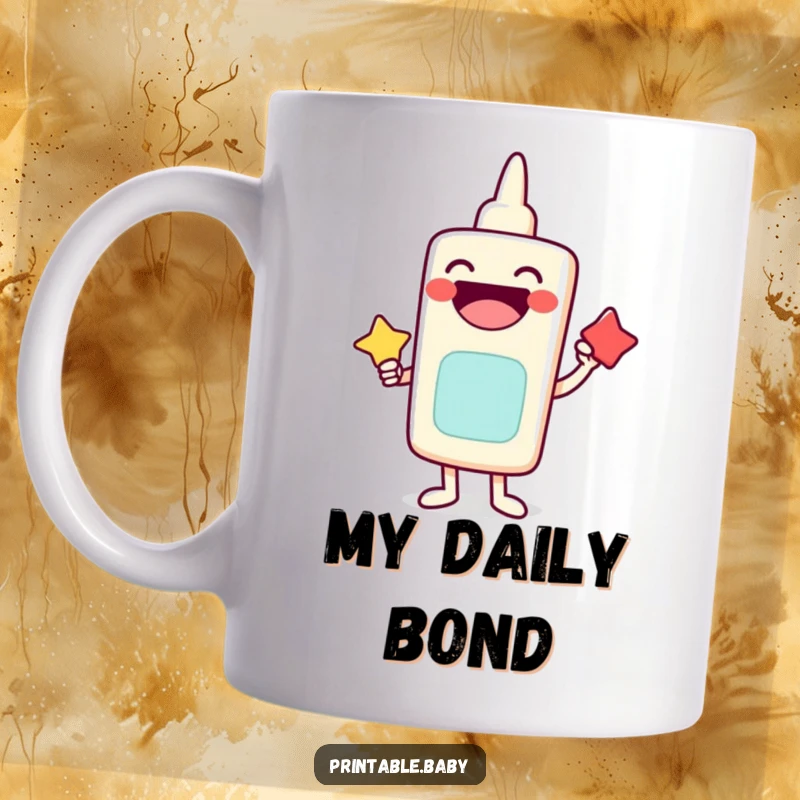 Funny mug with a laughing glue stick character happily bonding two shapes, representing connection and humor.