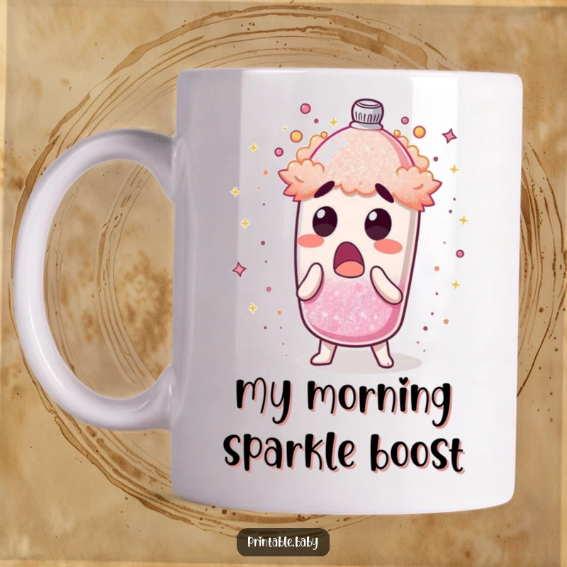 Funny mug showcasing a surprised glitter shaker character covered in exploding shimmering dust, bringing joy and laughter.