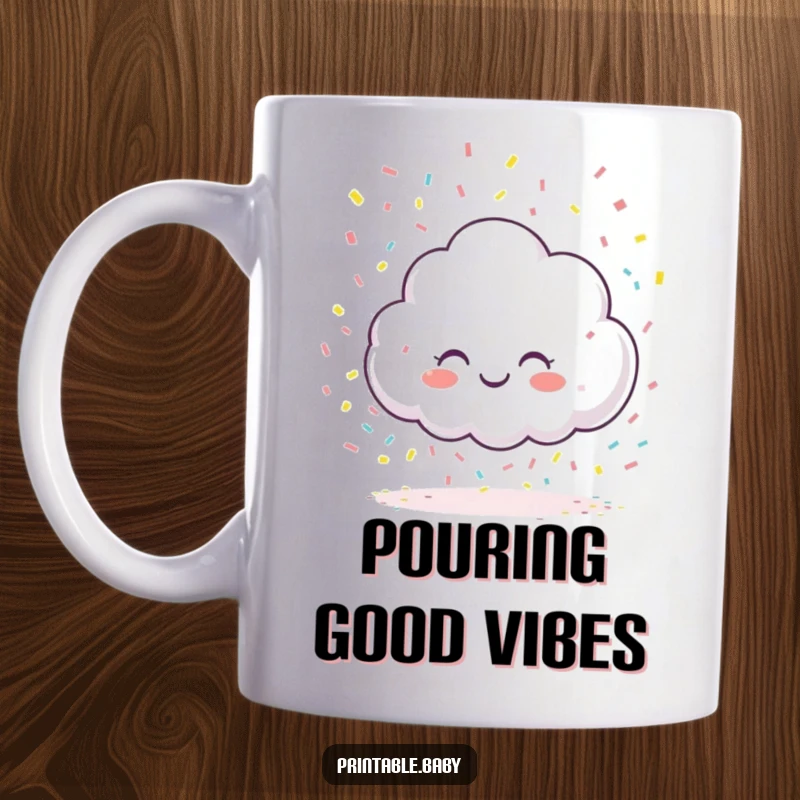 Funny giggling cloud character mug, raining colorful confetti onto a blank page, symbolizing creative inspiration and joy.