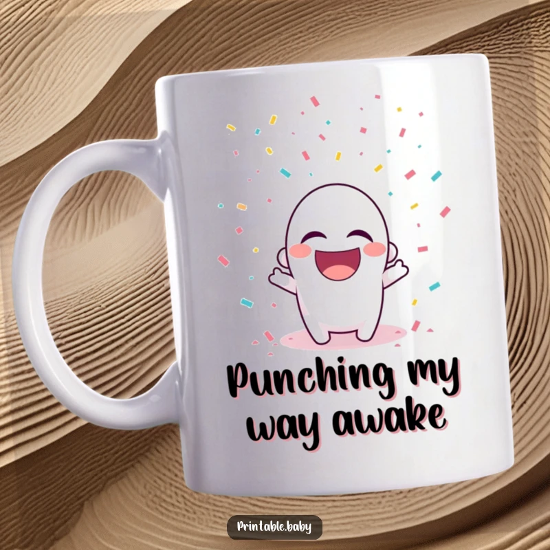 Funny mug depicting a playful hole punch character laughing joyfully as colorful confetti falls around it.