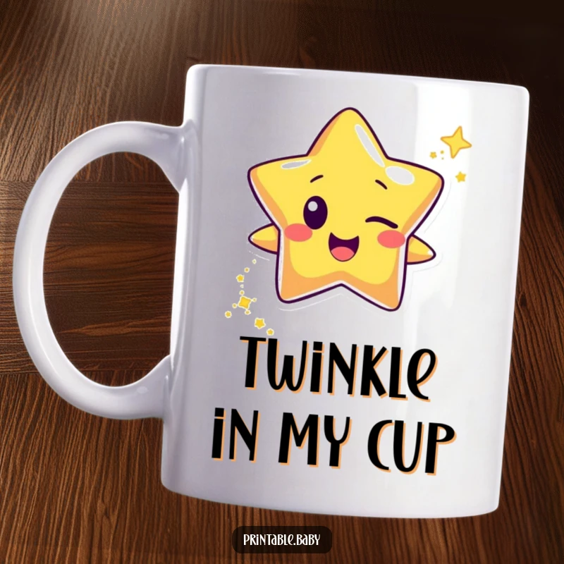 Funny happy star character mug, winking and leaving a trail of glitter, symbolizing luck, joy, and a touch of sparkle.