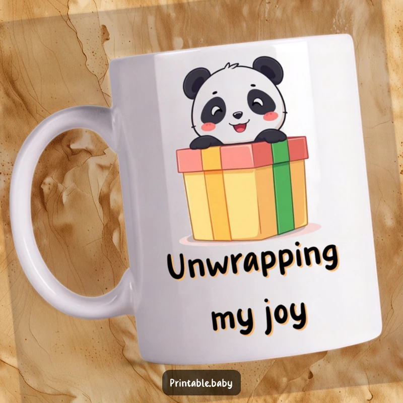 Funny mug featuring a cheerful panda bear joyfully popping out of a giant, open gift box, radiating excitement and fun.