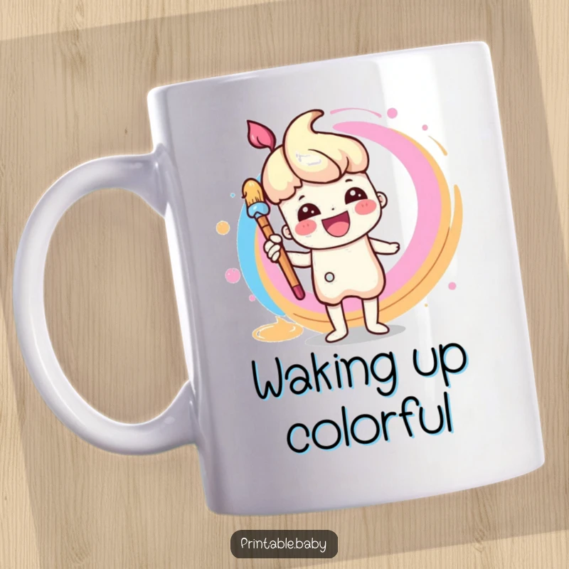 Funny Paintbrush Mug: A cheerful paintbrush character enthusiastically painting a vibrant rainbow swirl, ideal for art lovers.