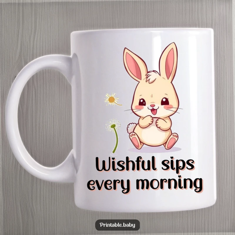 Funny mischievous bunny mug, playfully chasing a dandelion seed with a happy expression.