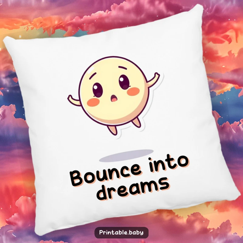 Funny Bouncing Ball Pillow: A soft pillow featuring a surprised, mid-air bouncing ball character, perfect for adding comfort and fun.