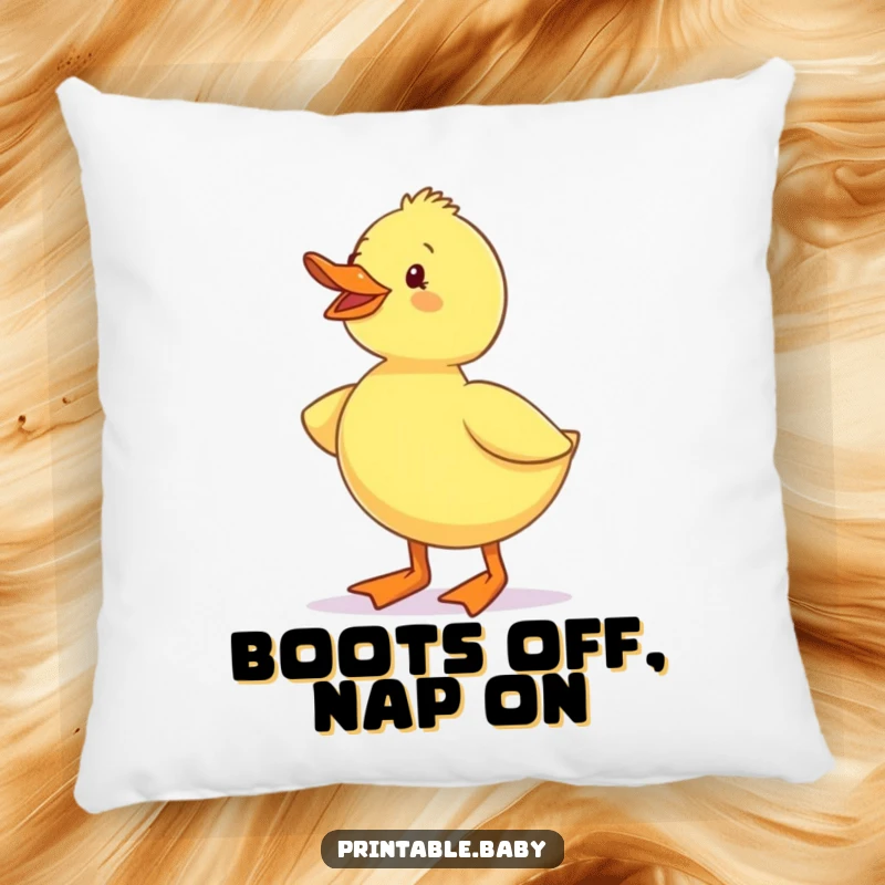 Funny Duckling Waddling Boots Pillow: A soft pillow featuring an excited duckling wearing tiny boots, ready for cozy snuggles.