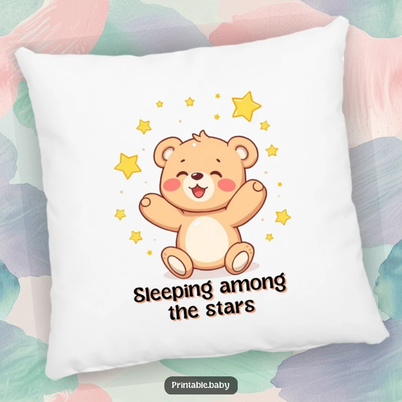 Funny teddy bear pillow, delighted bear catching falling sparkling stars, for comfort and decor.