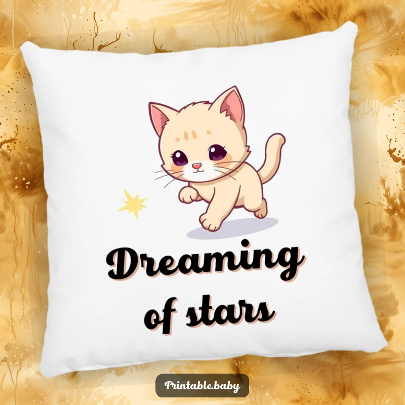 Funny pillow featuring a curious kitten chasing a sparkly comet tail, offering plush cosmic comfort.