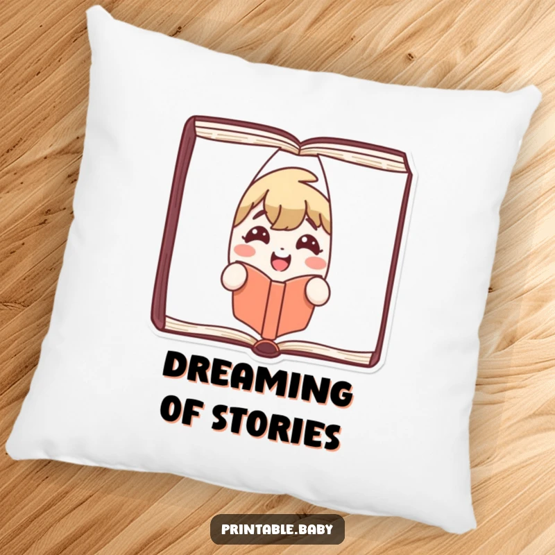 Funny Pillow with a joyful book character peeking from pages, smiling, offering cozy literary charm for relaxation.