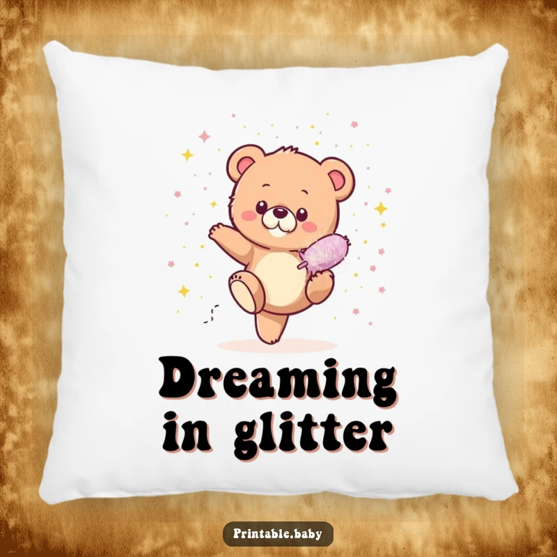 Funny Bear Cub Glitter Pillow featuring a tiny bear cub showering in sparkles from a glitter bomb, offering plush comfort and humorous charm.
