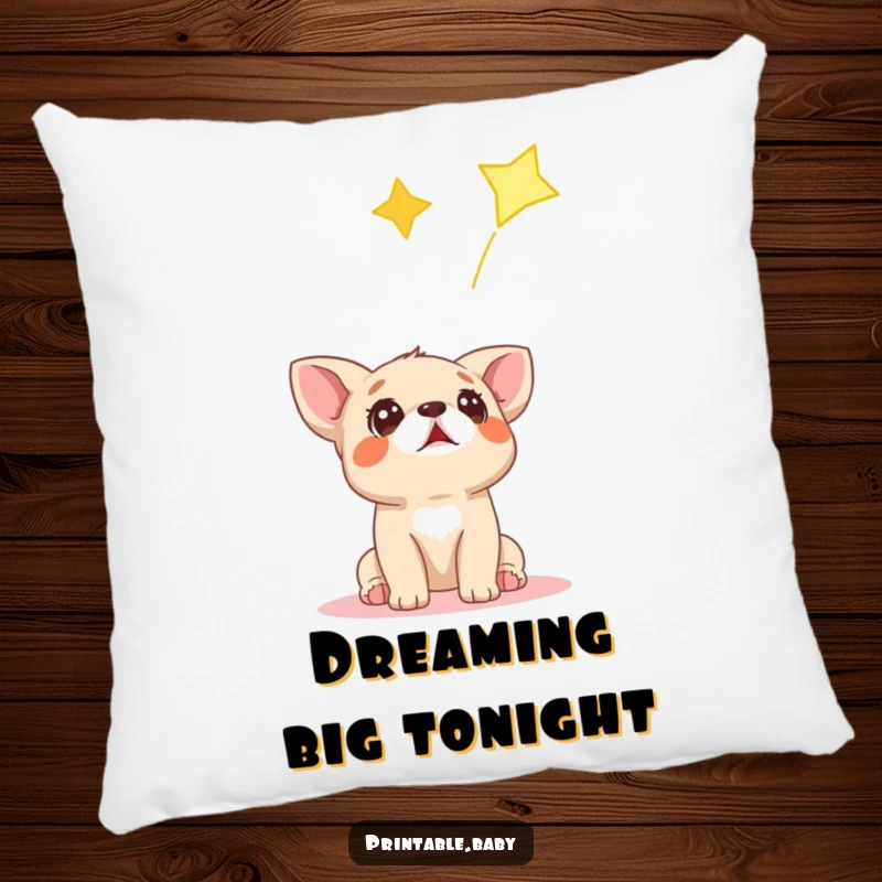 Funny pillow featuring a small, surprised dog cub looking up at a shooting star, perfect for cozying up.