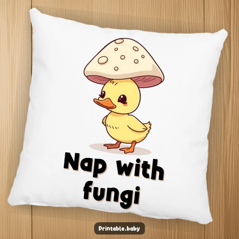 Funny duckling pillow, comically balancing a large mushroom on its head, soft and humorous decorative cushion.