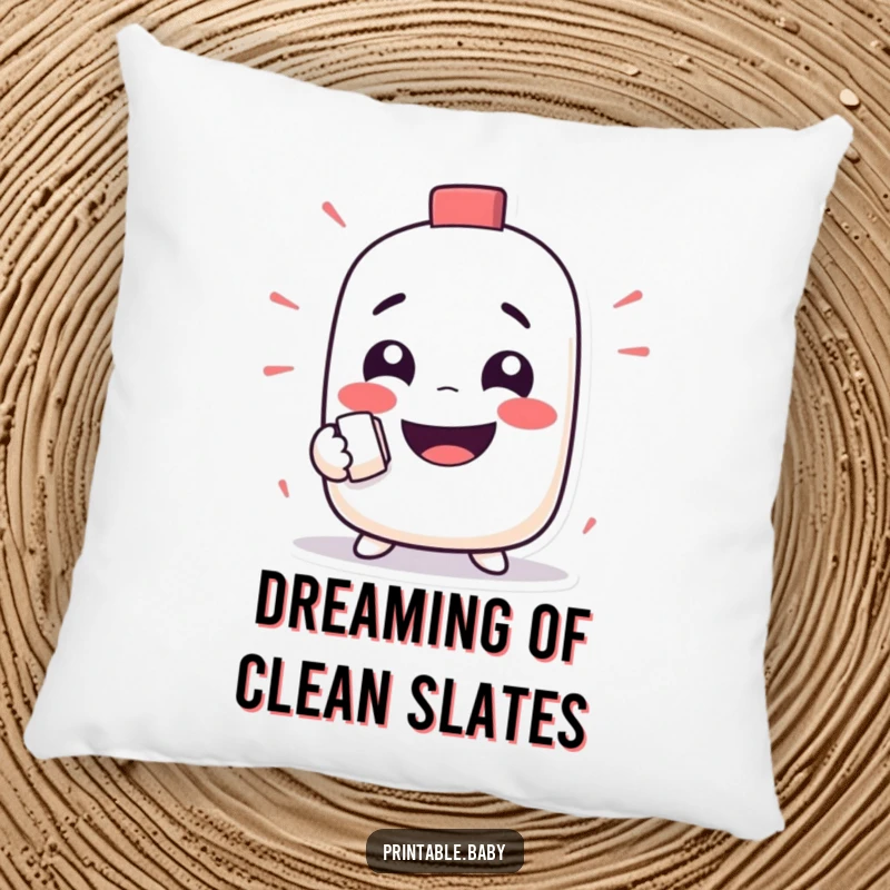 Funny pillow with a mischievous eraser character happily erasing a funny face, soft and playfully humorous.