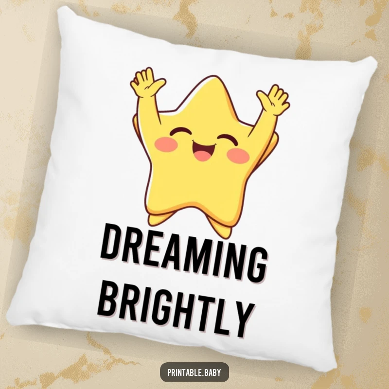Funny giggling star with arms thrown up in pure joy, radiating happiness, a humorous pillow for cozy, joyful comfort.