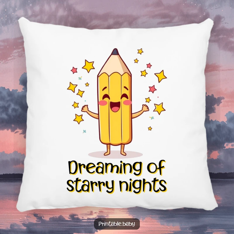 Funny Pencil Pillow: Soft cushion featuring a giddy pencil character scribbling colorful stars, adding comfort and imaginative humor.