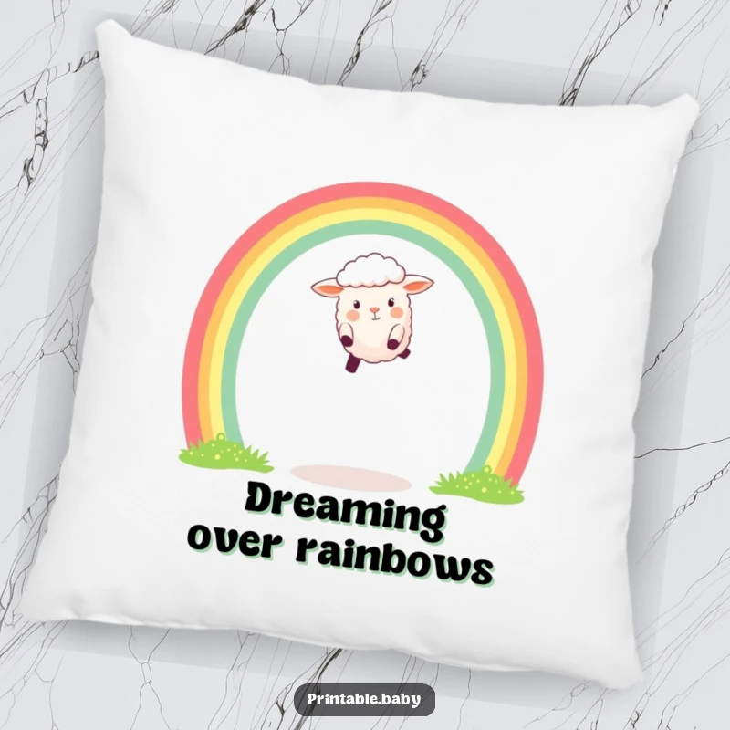 Funny decorative pillow featuring a happy sheep leaping over a vibrant rainbow arch, perfect for adding cheerful charm.