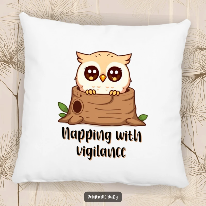 Funny surprised owl pillow, tiny bird peeking from a log, soft and humorous decorative item for cozy spaces.