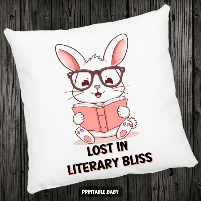 Funny pillow showcasing a cheerful bunny in oversized glasses reading a book, providing comfort and humor.
