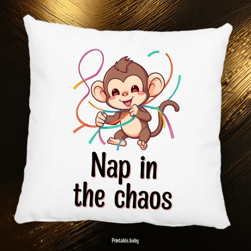 Funny monkey pillow showing a playful monkey tangled in colorful streamers, offering comfort and a dose of fun.