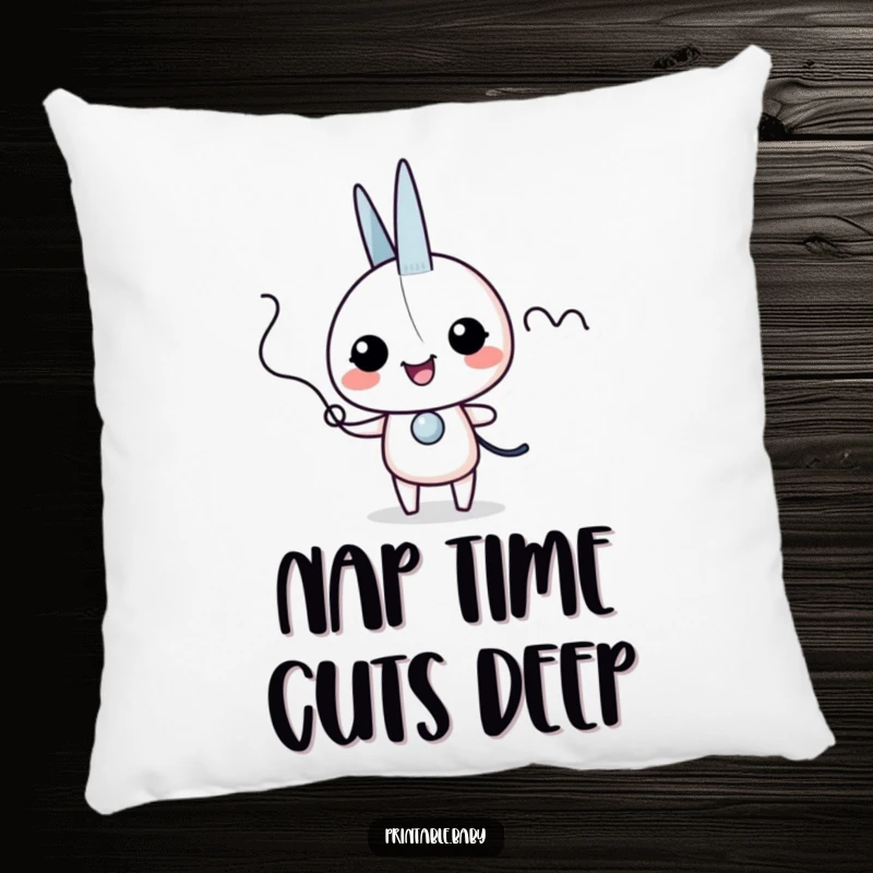 Funny scissors giggles pillow with an excited scissors character snipping a wiggly line, soft and humorously decorative.