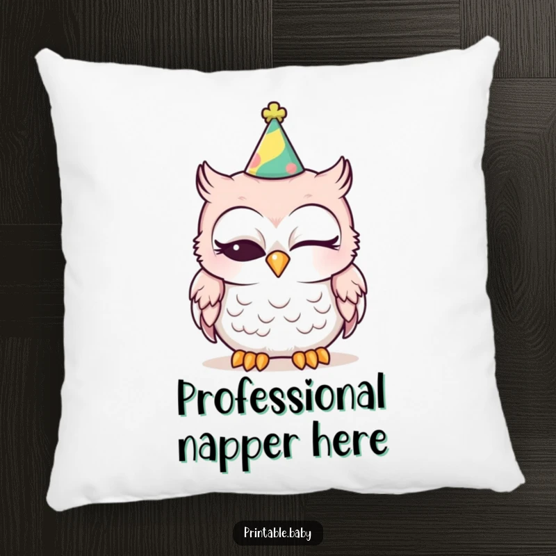 Funny sleepy baby owl with a party hat, one eye closed, on a soft pillow, perfect for cozy humor.