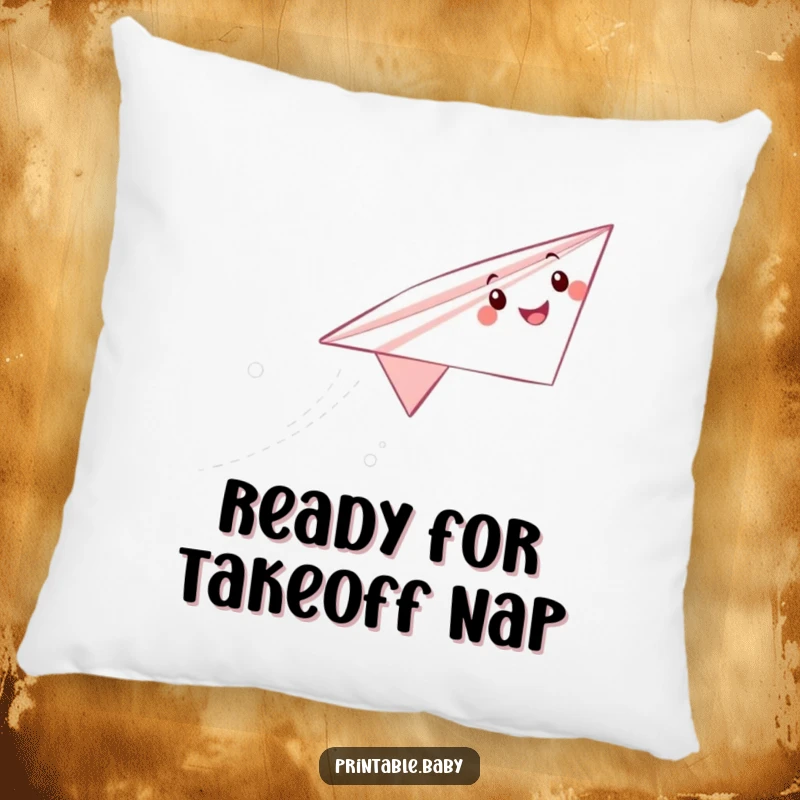 Funny paper airplane pillow featuring a happy character in mid-flight, leaving a decorative trail, perfect for comfort and decor.