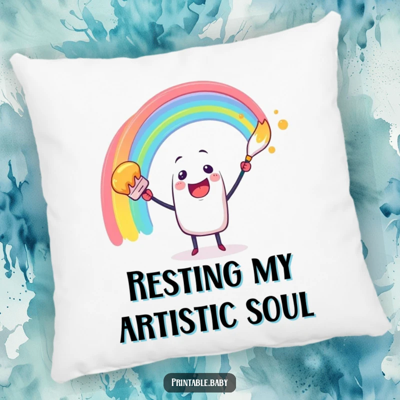 Funny pillow with a cheerful paintbrush character painting a vibrant rainbow arc, adding a touch of artistic comfort.