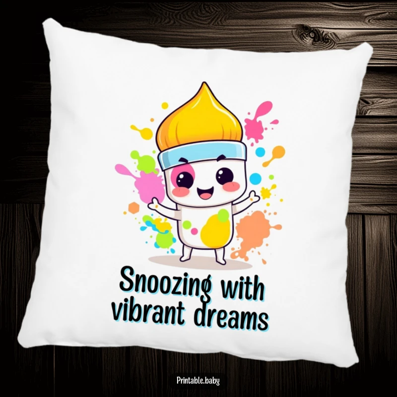 Funny Paintbrush Pillow: Soft cushion featuring a mischievous paintbrush splashing vibrant colors with a smirk, adding artistic humor and comfort.