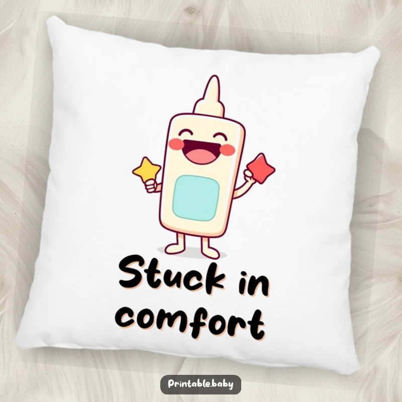 Funny pillow with a laughing glue stick character happily bonding shapes, soft and comfortable.