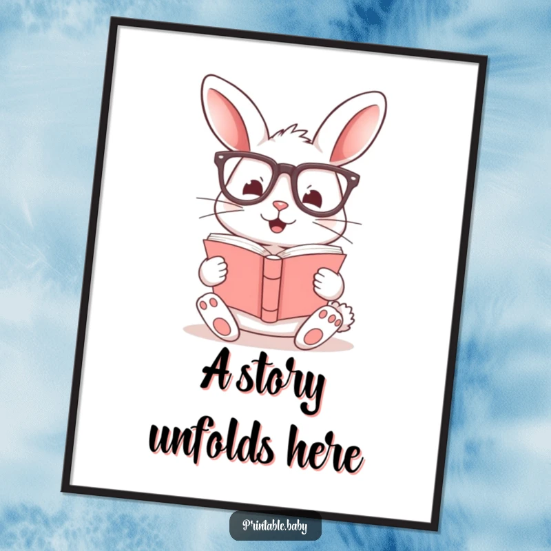 Funny digital art print of a cheerful bunny wearing glasses, absorbed in a book, ideal for home decor.