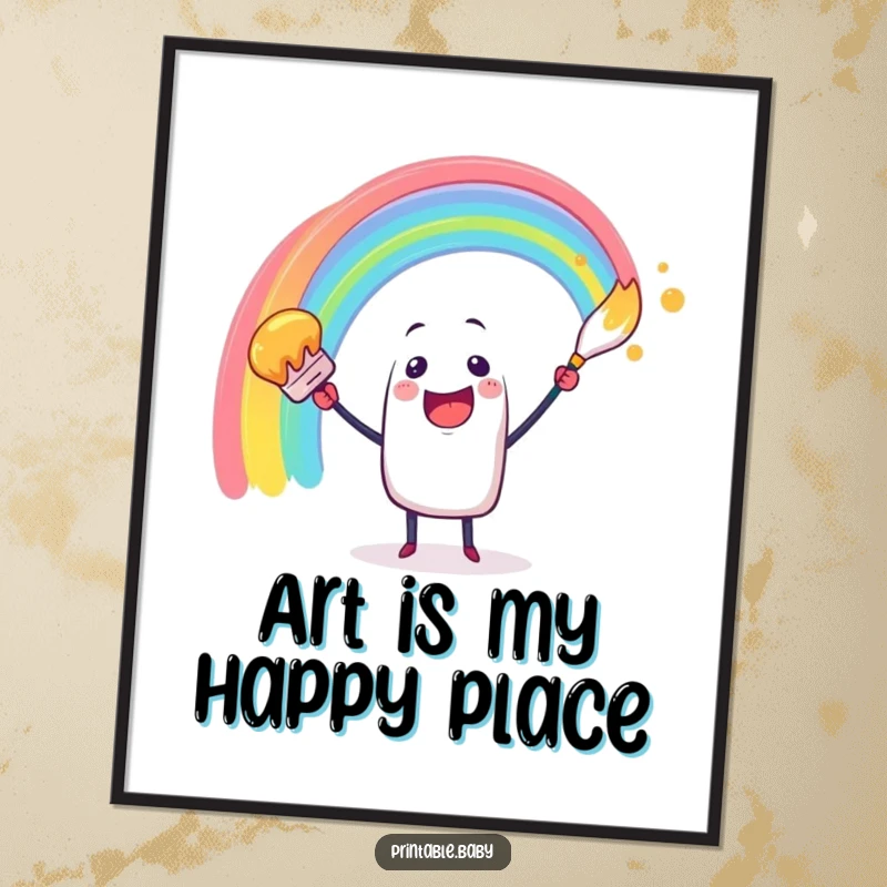 Funny digital art print of a cheerful paintbrush character creating a colorful rainbow arc, symbolizing artistic joy.