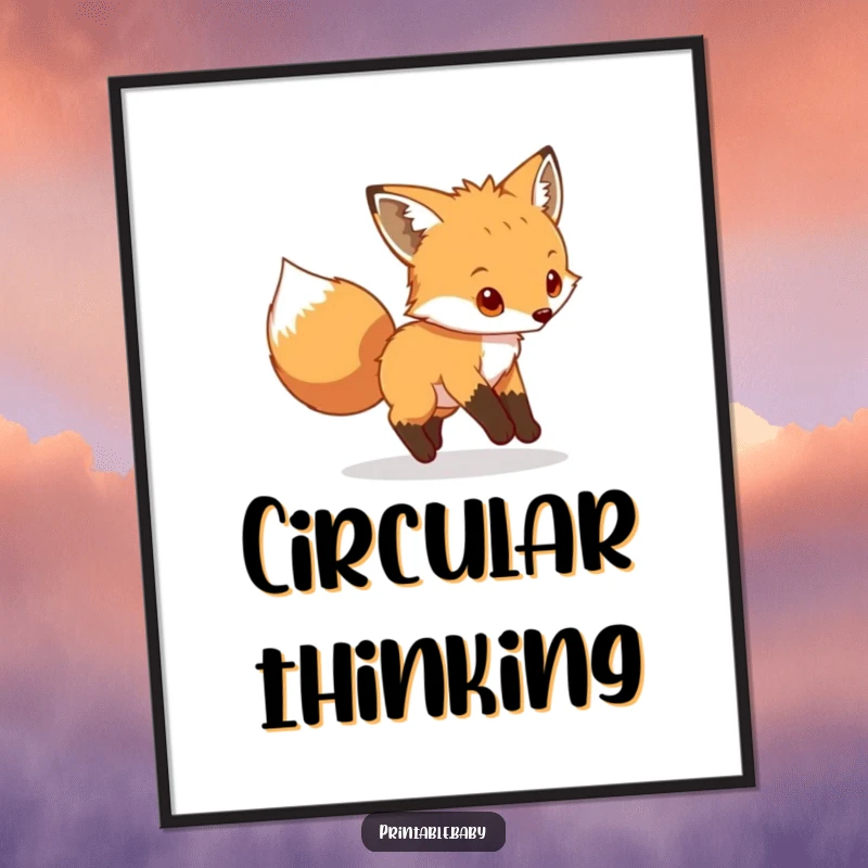 Funny fox cub digital art print, playful animal chasing tail, printable wall decor with cheerful humor.